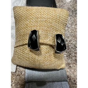 Vintage JJG Black Faceted Rhinestone Clip On Earrings Silver Tone